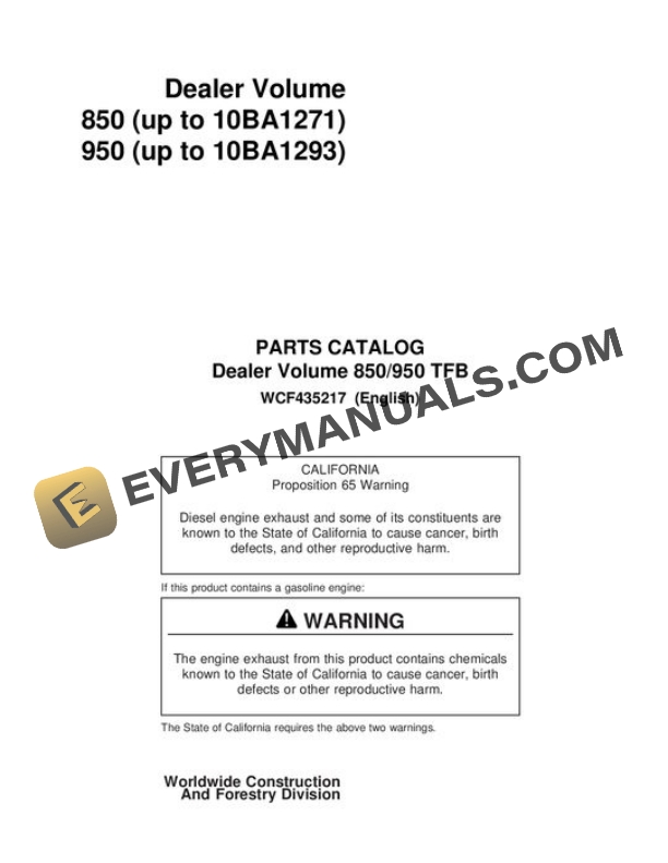 John Deere 850 950 Feller Buncher Parts Catalog WCF435217