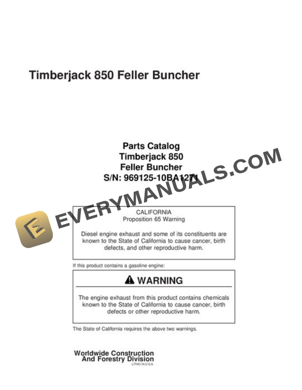 John Deere 850 Feller Buncher Parts Catalog WCF287195