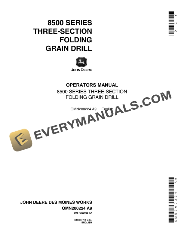 John Deere 8500 Series Three-Section Folding Grain Drill Operator Manual OMN200224