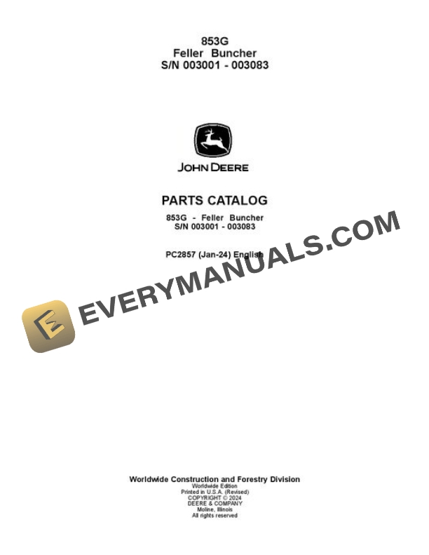 John Deere 853G Feller Buncher Parts Catalog PC2857