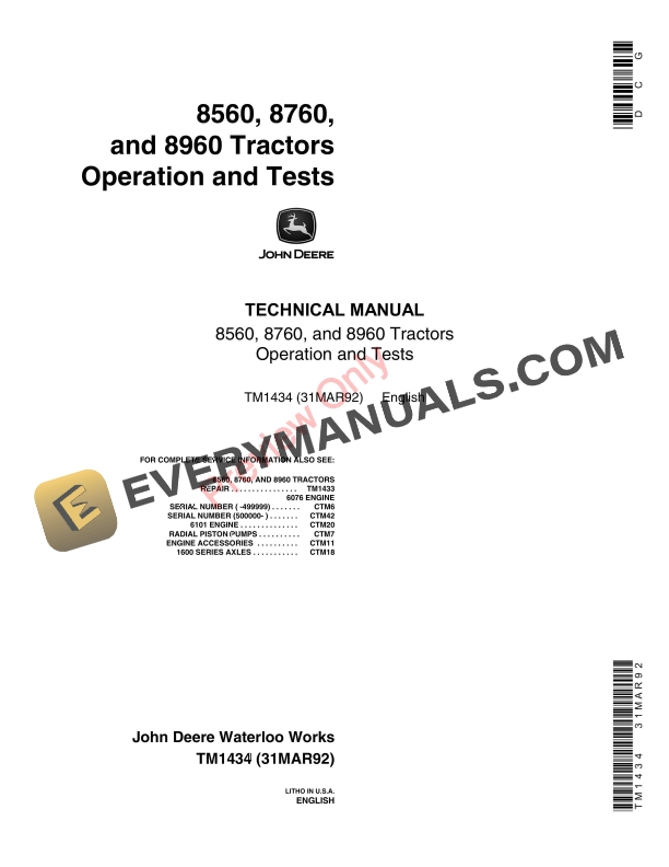 John Deere 8560 8760 8960 Tractors Technical Manual TM1434 31MAR92 1