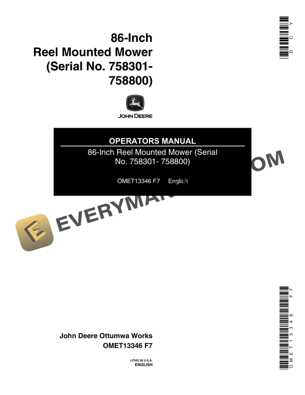 John Deere 86-Inch Reel Mounted Mower Operator Manual OMET13346