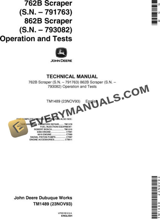 John Deere 862B 762B Scraper Test Manual TM1489