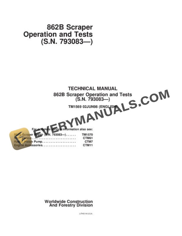 John Deere 862B Scraper Test Manual TM1569