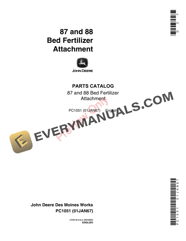 John Deere 87 88 Fertilizer Attachments Parts Catalog PC1051 01JAN67 1