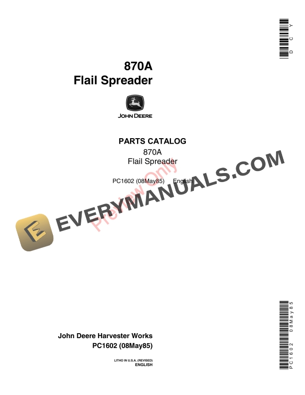 John Deere 870A Flail Spreader Parts Catalog PC1602 08MAY85