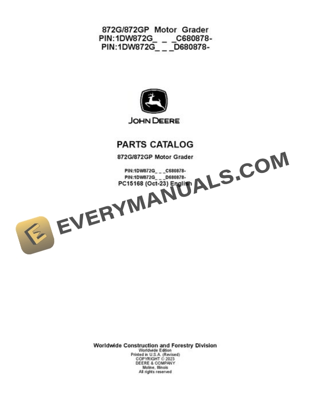 John Deere 872G 872GP Motor Grader Parts Catalog PC15168