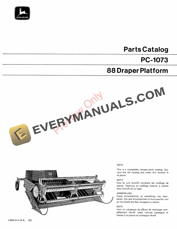 John Deere 88 Draper Platform Parts Catalog PC1073 01JAN70