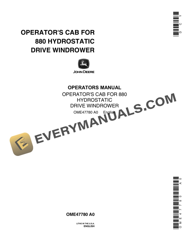 John Deere 880 Hydrostatic-Drive Windrower Operator Manual OME47780