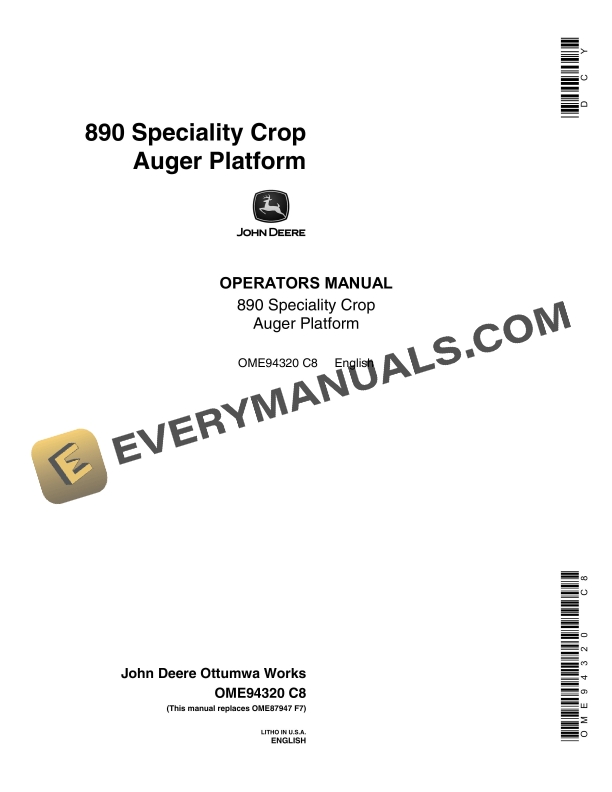 John Deere 890 Speciality Crop Auger Platform Operator Manual OME94320 1