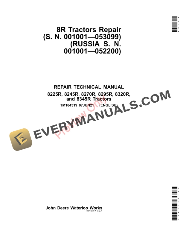 John Deere 8R Tractors 001001 053099 Russia 001001 052200 Repair Technical Manual TM104319 07JUN21 1