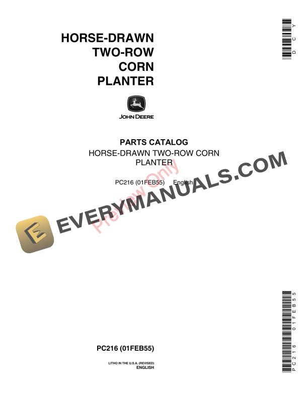 John Deere 9, 19, 22, 22A, 212, 212A, 99, 999, 919, 999L, 919L Horse Parts Catalog PC216 01FEB55