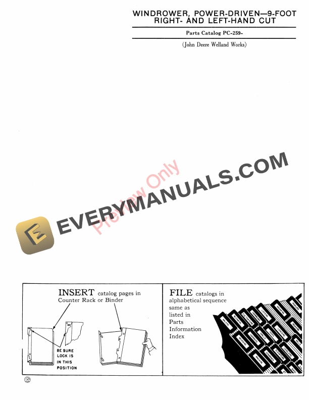 John Deere 9 Foot Power-Driven Windrower Parts Catalog PC259 01APR59