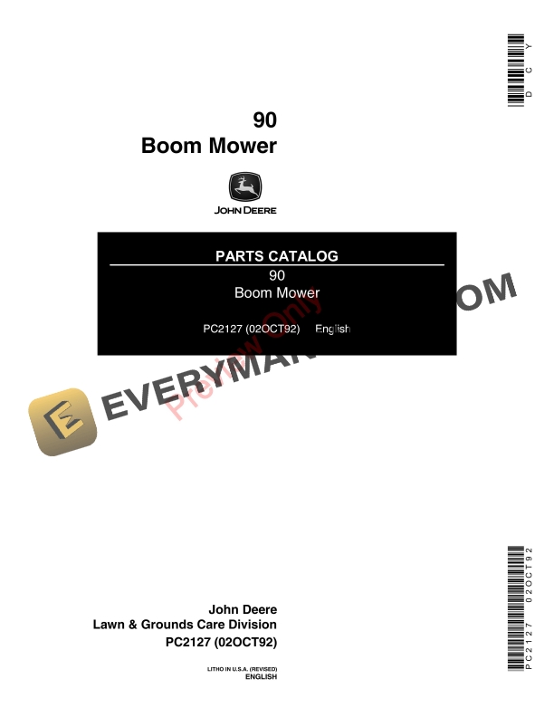 John Deere 90 Boom Mower Parts Catalog PC2127 02OCT92