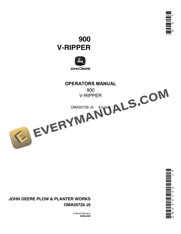 John Deere 900 V Ripper Operator Manual OMA50726 1