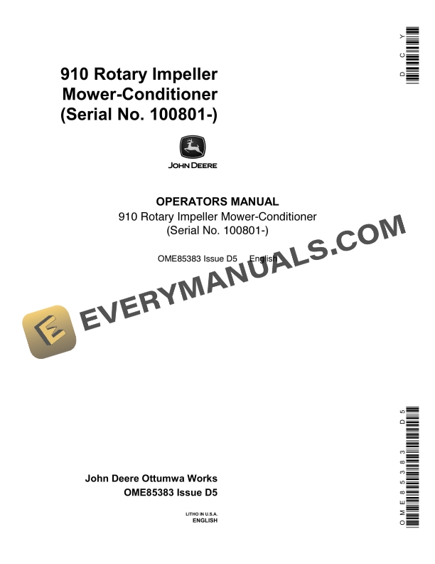 John Deere 910 Rotary Impeller Mower Conditioner Operator Manual OME85383 1