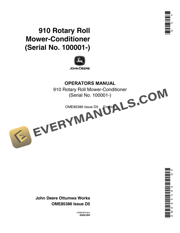 John Deere 910 Rotary Impeller Mower Conditioner Operator Manual OME85386 1