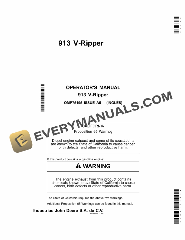 John Deere 913 V Ripper Operator Manual OMP75195 1