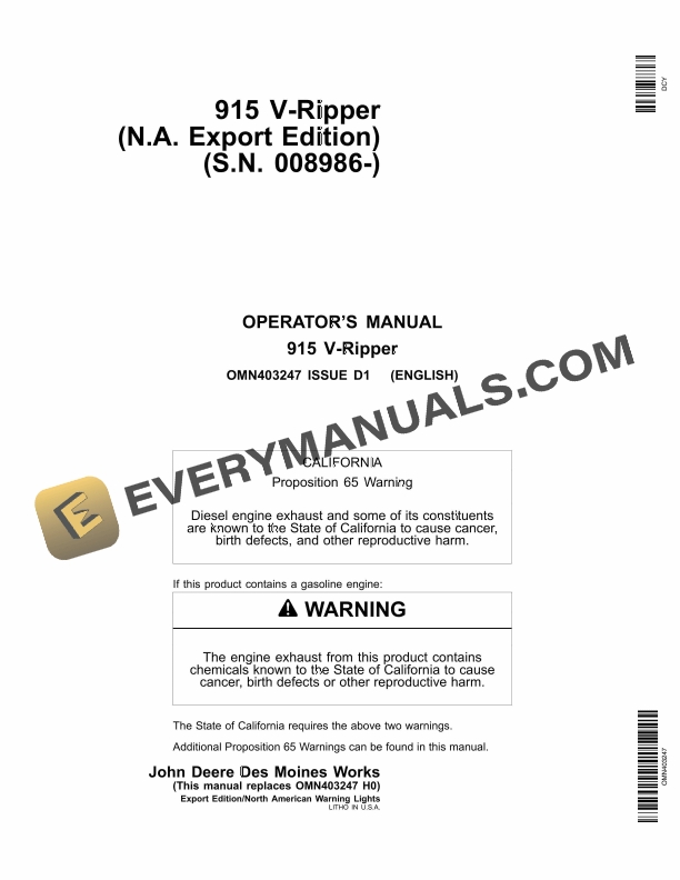 John Deere 915 V-Ripper Operator Manual OMN403247