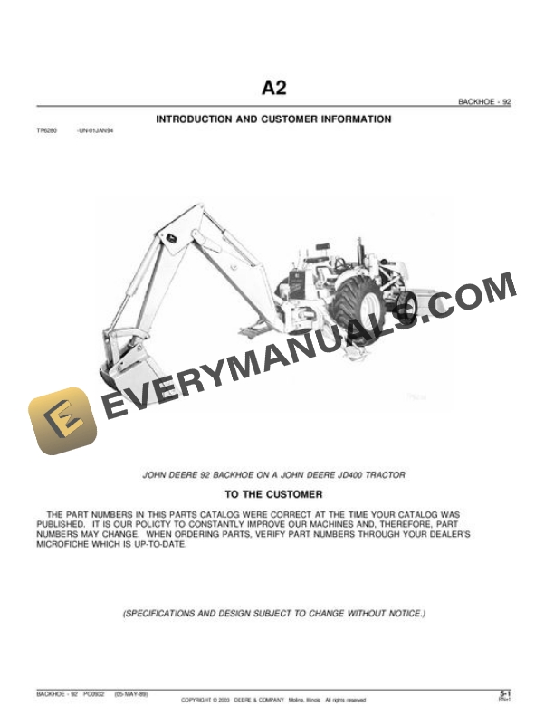 John Deere 92 Attachment Parts Catalog PC932