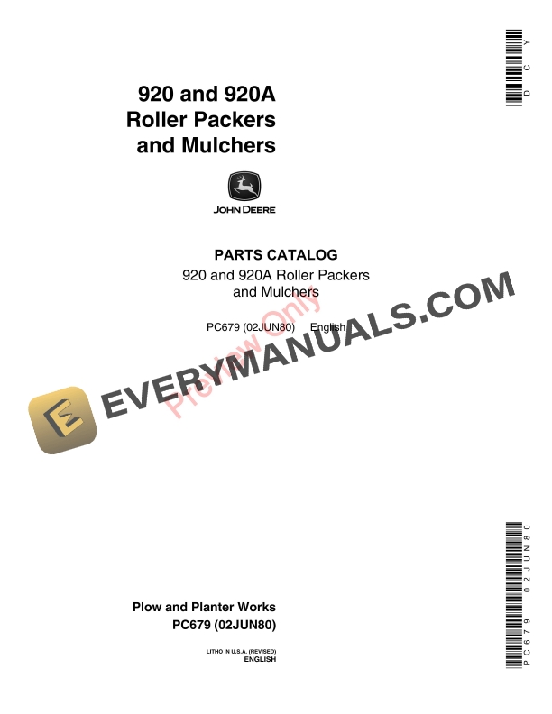 John Deere 920, 920A Roller Packers and Mulchers Parts Catalog PC679 02JUN80
