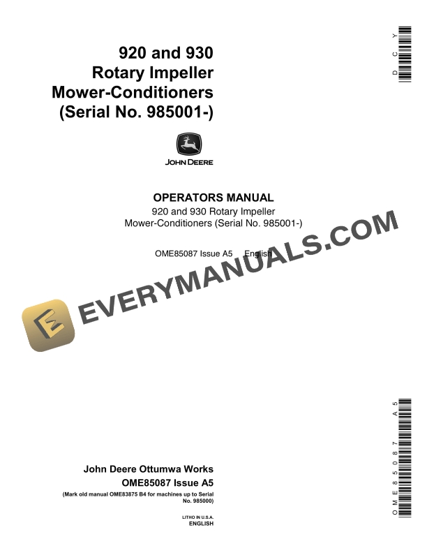 John Deere 920 and 930 Rotary Impeller Mower-Conditioner Operator Manual OME85087