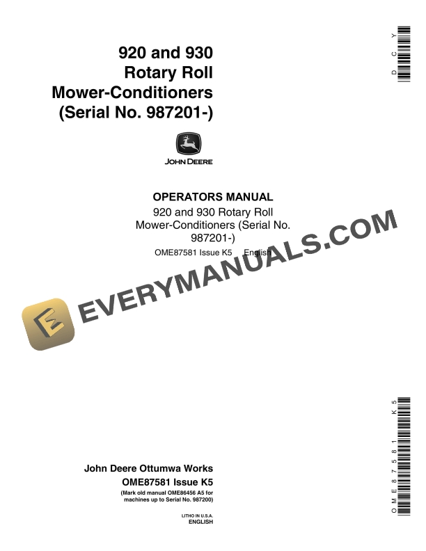 John Deere 920 and 930 Rotary Impeller Mower Conditioner Operator Manual OME87581 1
