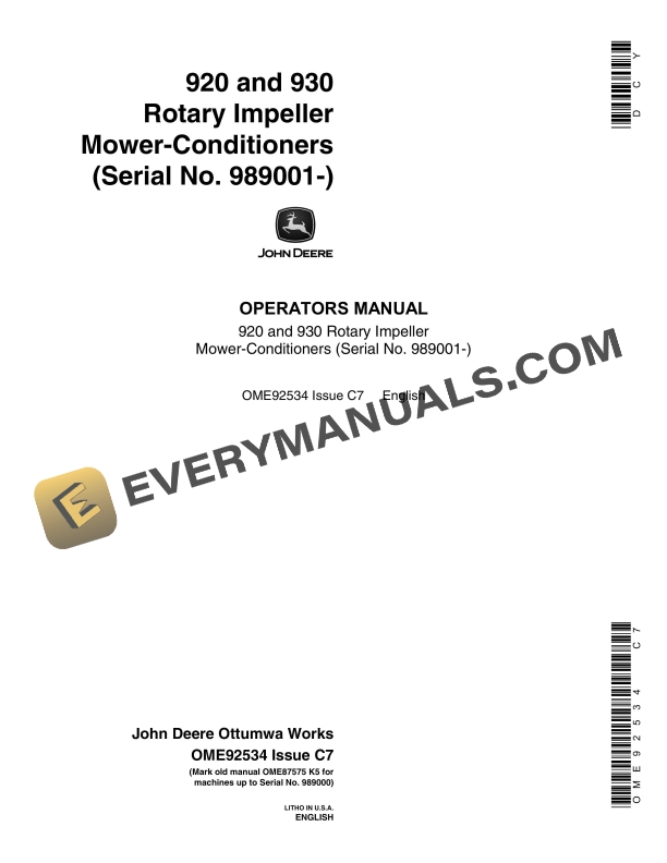 John Deere 920 and 930 Rotary Impeller Mower Conditioner Operator Manual OME92534 1