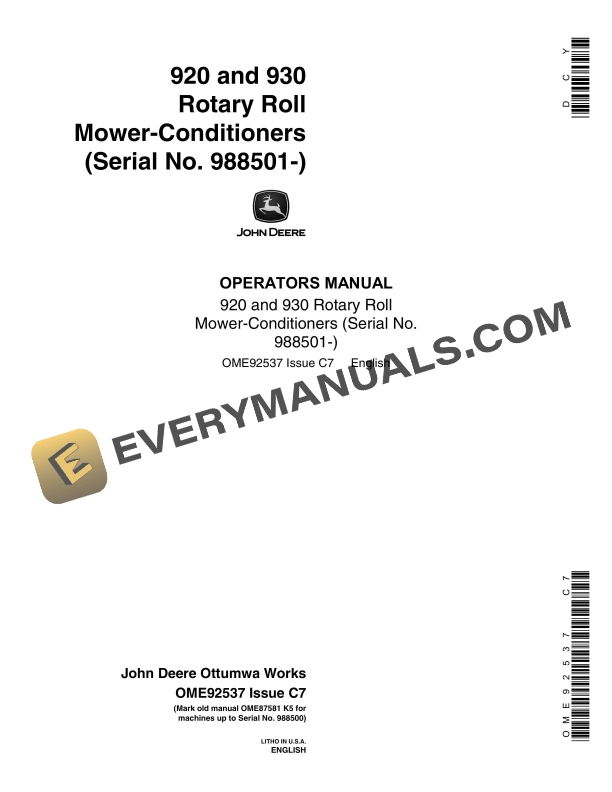John Deere 920 and 930 Rotary Impeller Mower Conditioner Operator Manual OME92537 1
