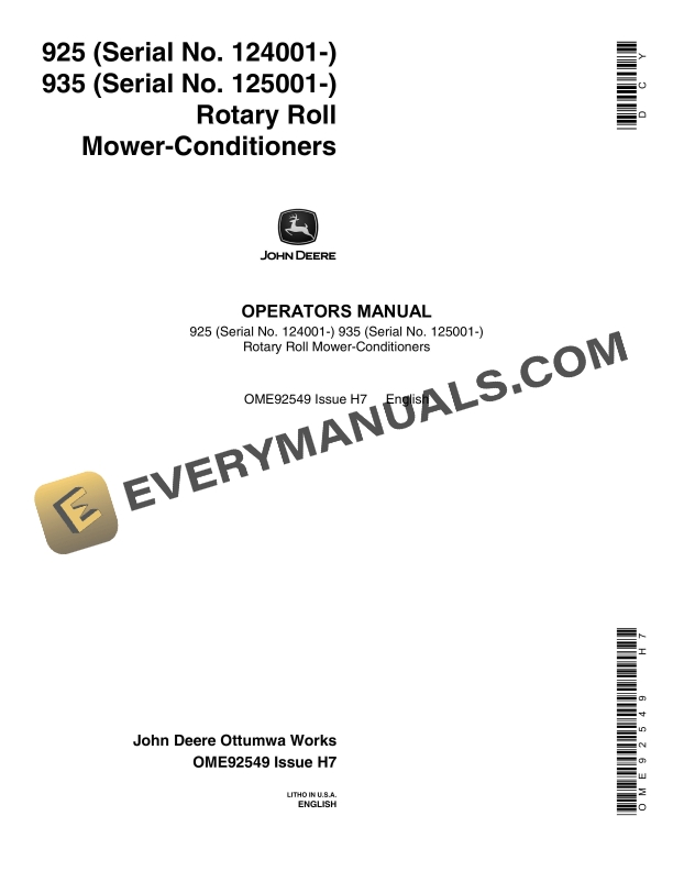 John Deere 925, 935 Rotary Roll Mower-Conditioner Operator Manual OME92549