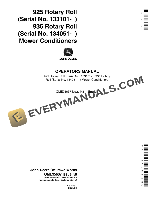 John Deere 925 Rotary Roll 935 Rotary Roll Mower Conditioner Operator Manual OME95637 1