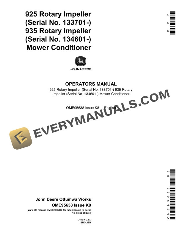 John Deere 925, 935 Rotary Impeller Mower-Conditioner Operator Manual OME95638