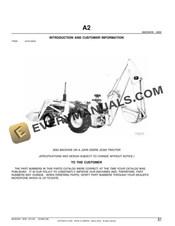 John Deere 9250 Attachment Parts Catalog PC1105
