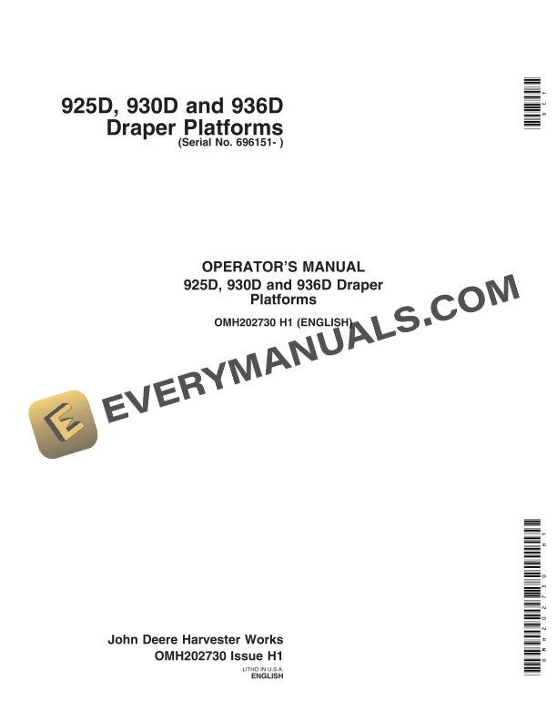 John Deere 925D 930D and 936D Draper Platform Operator Manual OMH202730 1