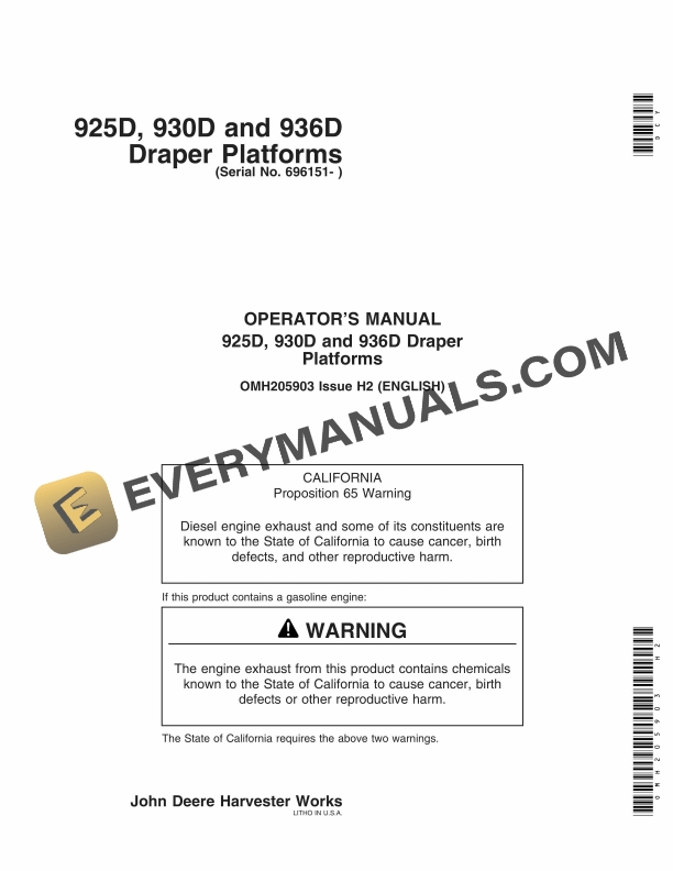John Deere 925D, 930D, 936D Draper Platform Operator Manual OMH205903