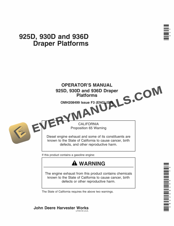 John Deere 925D 930D and 936D Draper Platform Operator Manual OMH208499 1