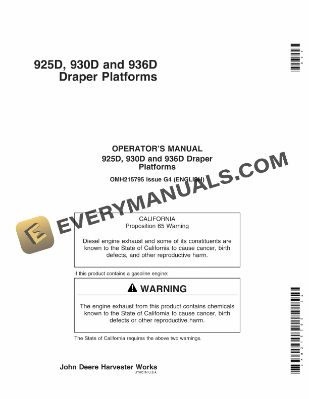 John Deere 925D, 930D, 936D Draper Platform Operator Manual OMH215795
