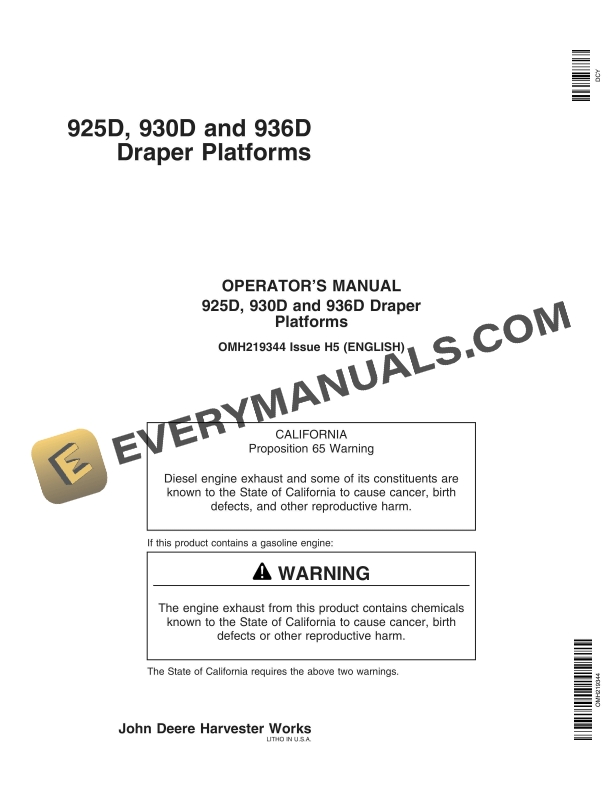 John Deere 925D 930D and 936D Draper Platform Operator Manual OMH219344 1