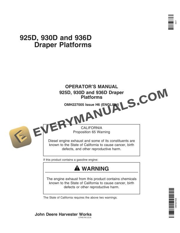 John Deere 925D, 930D, 936D Draper Platform Operator Manual OMH227005