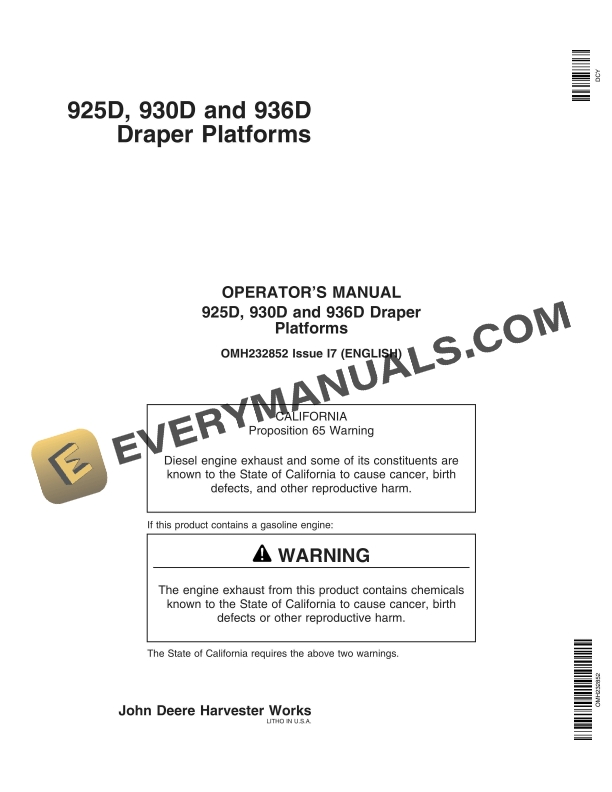 John Deere 925D, 930D, 936D Draper Platform Operator Manual OMH232852