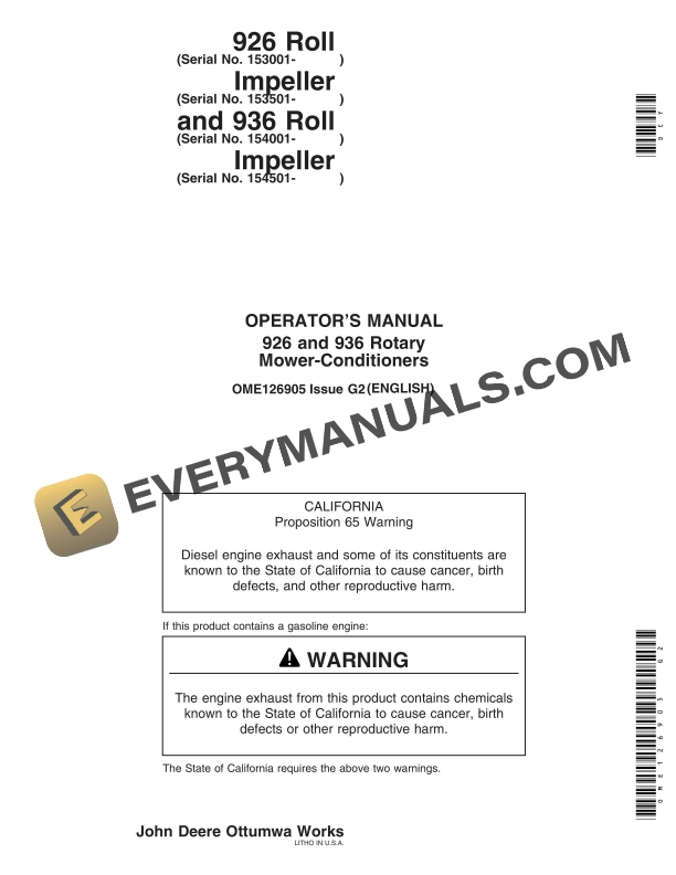 John Deere 926 and 936 Rotary Roll Impeller Mower-Conditioner Operator Manual OME126905