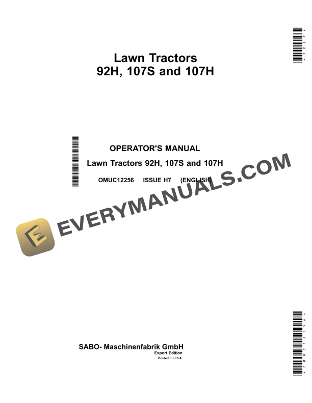 John Deere 92H, 107S, 107H Lawn Tractors Operator Manual OMUC12256