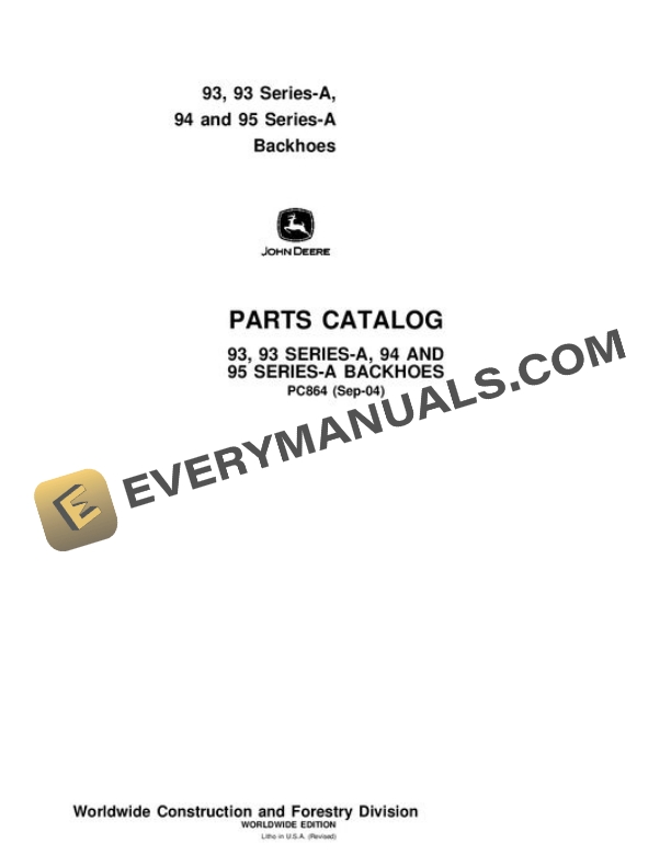 John Deere 93 93A 94 94A 95 95A Attachment Parts Catalog PC864