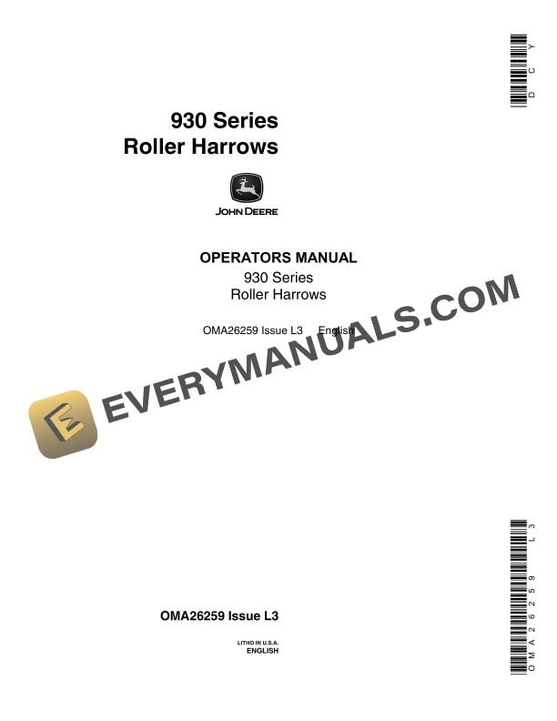 John Deere 930 Series Roller Harrow Operator Manual OMA26259 1