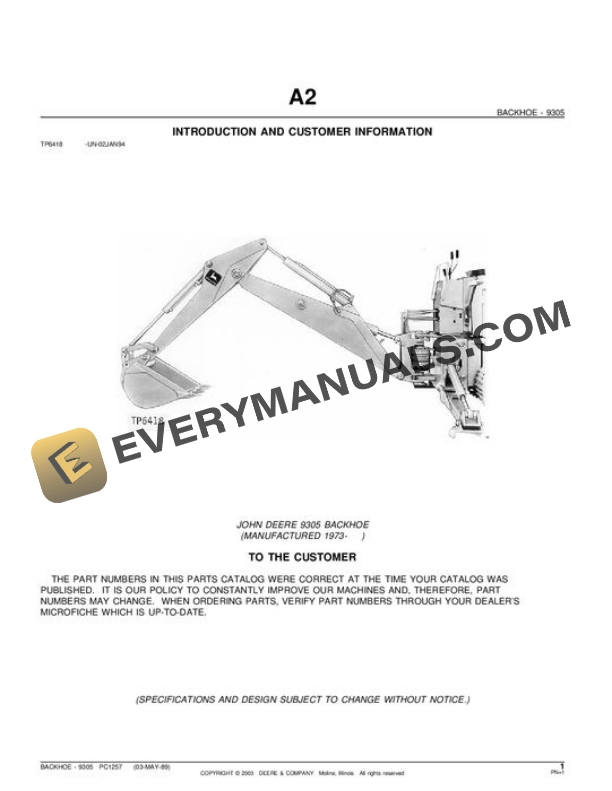 John Deere 9305 Attachment Parts Catalog PC1257