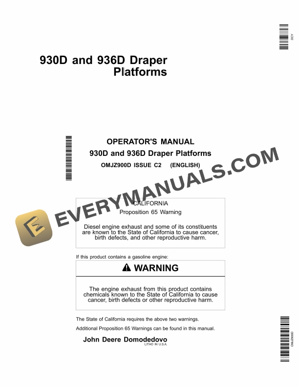 John Deere 930D and 936D Draper Platform Operator Manual OMJZ900D 1