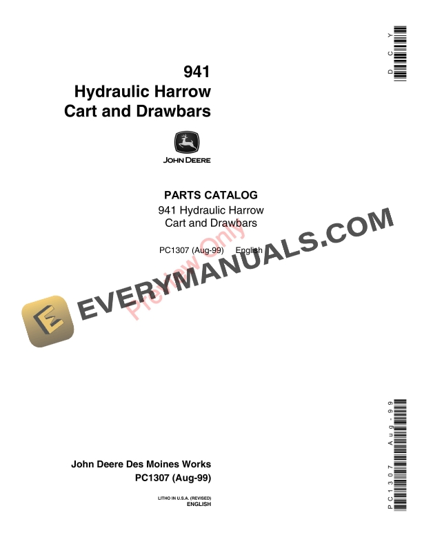 John Deere 941 Hydraulic Harrow Cart and Drawbars Parts Catalog PC1307 12AUG99 1
