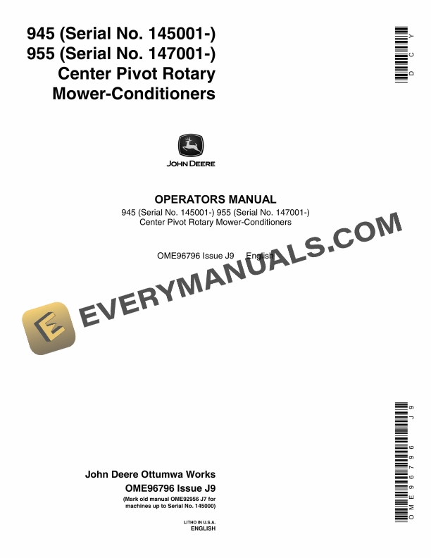 John Deere 945 955 Center Pivot Rotary Mower Conditioner Operator Manual OME96796 1