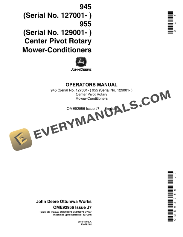 John Deere 945, 955 Center Pivot Rotary Mower-Conditioner Operator Manual OME92956