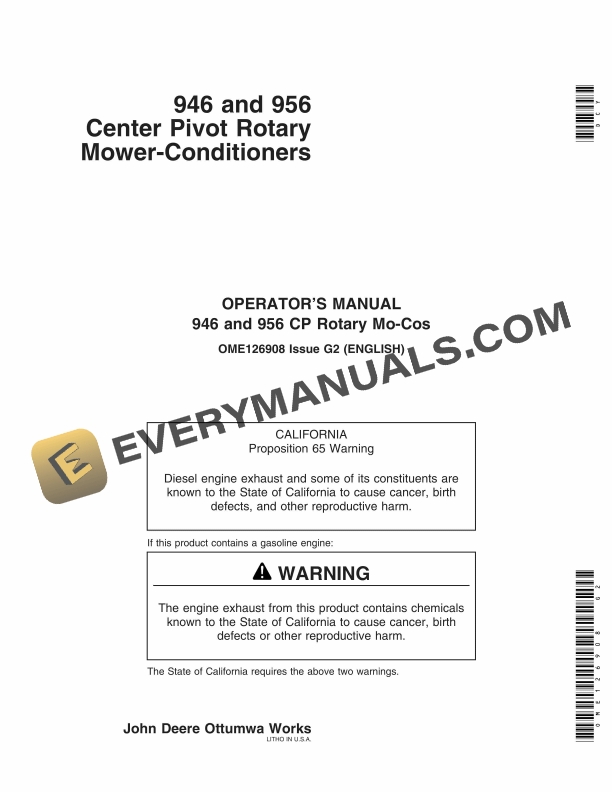 John Deere 946 and 956 Center Pivot Rotary Mower Conditioner Operator Manual OME126908 1